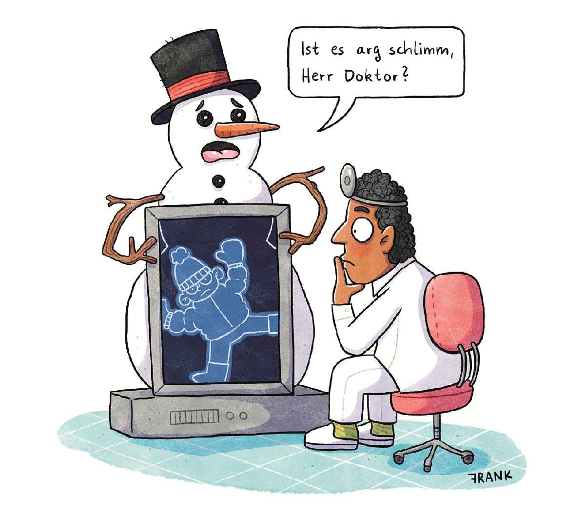 Eingerollt: Zeichnung von Schneemann beim Arzt, im Röntgenbild des Bauches sieht man einen Schlittschuhläufer